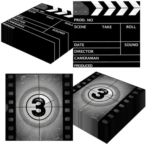 Gupesxu Film-Party-Servietten, 40 Stück, Schwarz, 4-lagig, 6,5 x 6,5 cm, Dekoration für Film-Themenpartys, Preisverleihungen, Babypartys, Kinodekorationen