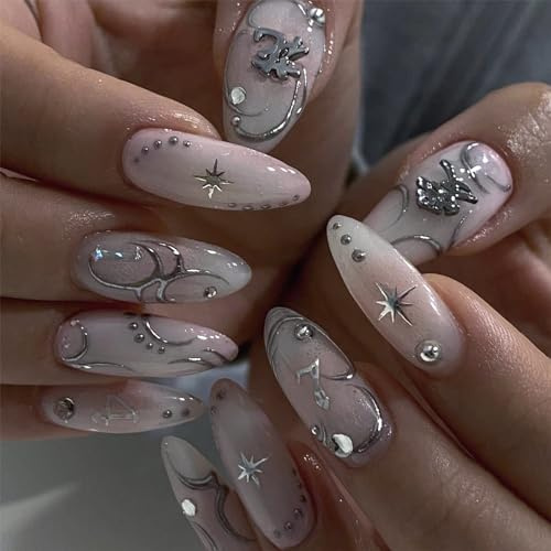 Angwis 24pcs Medium Almond False Nails White Stick on Nails Silver Star Rhinestone Press on Nail Removable Glue-on Acrylic Gothic Fake Nail Art Accessories for Women