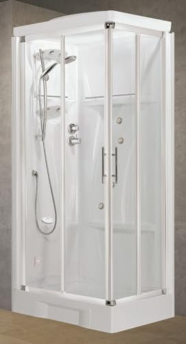 Novellini New Holiday A80 Hammam 80 x 80 cm Cabine de douche multifonction ouverture coulissante mitigeur mécanique verre transparent profil blanc réversible hydromassage sauna tige hauteur 225,5 cm