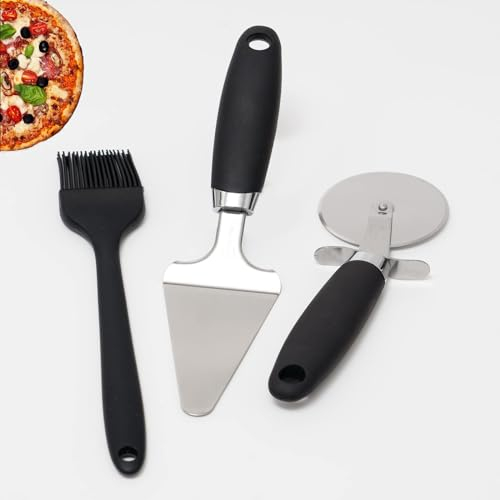 Stainless Steel Pizza Cutter Wheel with Pizza Server and Basting Brush, Ergonomic Cake and Pie Lifter with Pizza Slicing Roller, Pizza Accessories Set of 3 for Home, Restaurants and Bakeries,