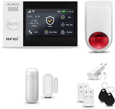 HUXGO® HXA007 Sistema di allarme casa senza fili con radio Sirena esterna solare WiFi + GSM | Impianto allarme casa kit con 1x sensori di allarme per finestre/portes, 1x rilevatori di movimento