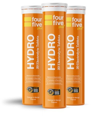 fourfive Hydration Tablets (Orange & Mango) Low Calorie Vitamin Electrolytes, Vegan, Magnesium & Calcium, Sports Hydration - 3x20 Effervescent Tablets