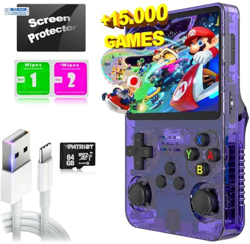 R36S Console de jeux portable rétro 64 Go avec 15 000 jeux + 26 émulateurs PS1, PSP, N64, NDS, SuperN, GameB, GBA - Linux IPS 3,5 (Violet T., 64 Go (jeux 15K)