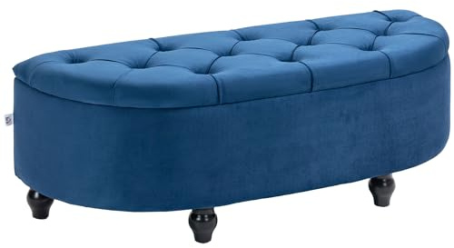 HOMCOM Förvaringsbänk, vadderad design, förvaringslåda, halvcirkel, sängspets med sammetsbeläggning, hevea-träben, för vardagsrum, sovrum, entré, 120 x 46 x 42 cm, blå