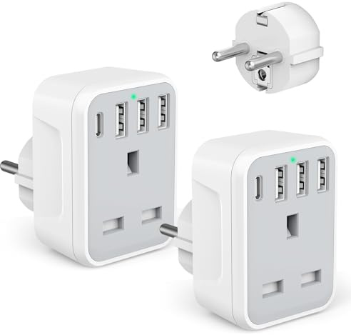2 Pcak European to UK Plug Adaptor with 4 USB Ports(1 USB C), UK to EU Euro European Plug Adapter Grounded for Germany Spain France Iceland Greece Poland Netherlands Austria Turkey, etc (Type E/F)