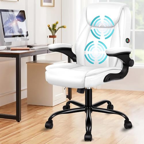 ALFORDSON Bürostuhl Ergonomisch Chefsessel Massage, Schreibtischstuhl Armlehnen, 360° Drehstuhl Computerstuhl Wippfunktion 90°-135°,Besprechungsstuhl,höhenverstellbarer PU-Leder, Weiß