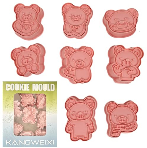 PTaizjjz 8 cortadores de galletas de oso, cortadores de galletas de animales, sellos de galletas de plástico para niños, molde de chocolate para bricolaje