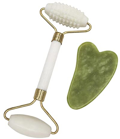 Natural Jade Gesichtsroller und Gua Sha Werkzeugset zur Hautstraffung und Faltenreduzierung - Handgefertigtes Beauty-Set mit echtem Jadestein - kühlend und straffend - Grün