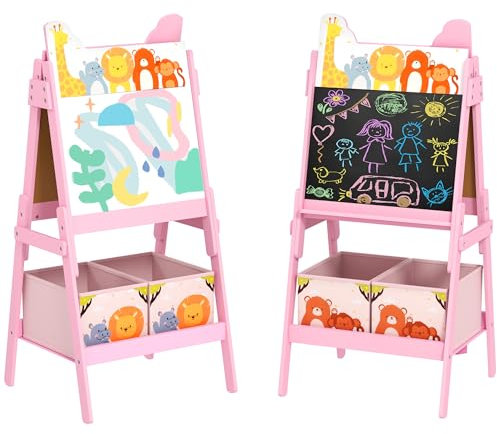 AIYAPLAY 2-in-1 Kindertafel, doppelseitige Kinder Staffelei, Staffelei mit Kreidetafel, Whiteboard, Aufbewahrungsboxen, für Kinder 3-8 Jahre, Rosa
