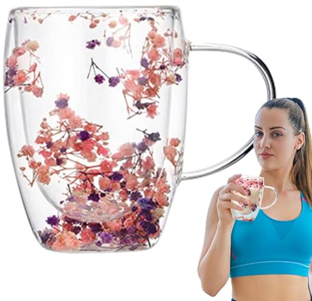 Aizuoni Doppelwandige Glas Kaffeetassen Mit Getrockneten Blumen, Doppelwandige Gläser, Teegläser Doppelwandig, Teetasse Aus Glas Mit Getrockneten Blumen, Doppellagige Trockenblumen Kaffeetasse