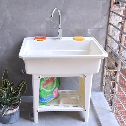 Freestanding Plastic Laundry Sink With Washboard Slop Vessel Sink & Drain Pipe Kit Utility Tub With Hot/Cold Faucet for Washing Room/Garage