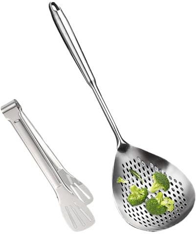 Cuchara para espumadera de cocina, cuchara para espumadera, espumadera para cocinar | Cuchara con colador para freír con mango ergonómico y clip para cocineros y chefs en casa