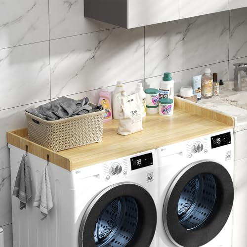 Comptoir pour Lave-Linge et sèche-Linge de 137,2 x 70,1 cm avec Rebord de sécurité, Coussinets antidérapants en Bois, Housse de Machine à Linge pour Le Rangement, laveuse et sécheuse pour