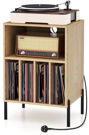 Multigot Record Player Stand, Turntable Stand with Charging Station and 5 Shelves for 150 Albums, Wooden Sofa Side Table Metal Legs Vinyl Record Storage Cabinet for Living Room Bedroom (Natural)