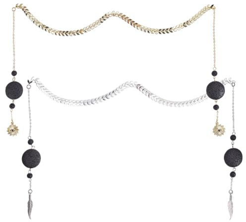 GOMAKERER 2 piezas de cadena de cara de 2 estilos con colgante de plumas de sol, cadena de metal gótico, cadena de nariz vintage, cadena de latón para disfraz, accesorios de joyería corporal para