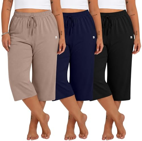 Neer Paquete de 3 Pantalones Capri de Talla Grande para Mujer, de Pierna Ancha y Corte Holgado, Estilo Casual, con Bolsillos