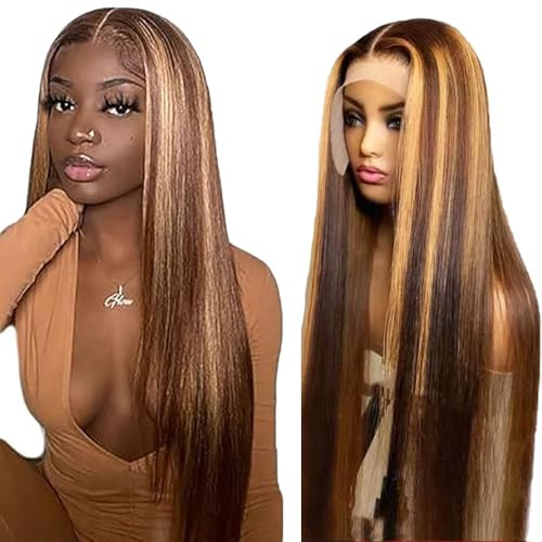 AiPliantfis Human Hair Wig Straight Brown Echthaar Perücke Damen 13X6 Lace Front Glueless Wig Wear and Go P427 Highlight Blonde Real Hair Pre Plucked 150% Density Unprocessed Remy Human Hair 16 Zoll