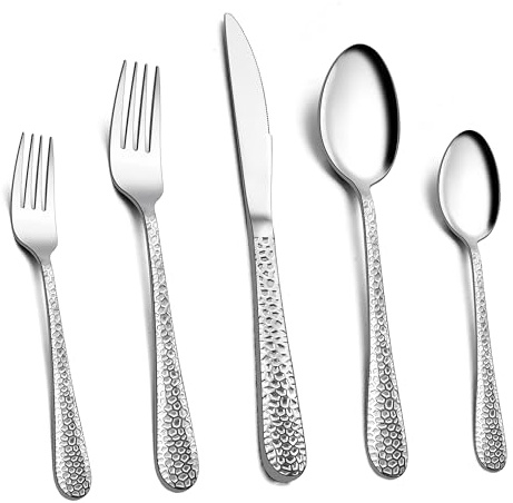 Homikit Besteck Set, 60-teilig Besteckset für 12 Personen, Edelstahl Gehämmertes Tafelbesteck, Essbesteck mit Messer Gabel Löffel für Familie Party Restaurant, Rundrandgriff & Spülmaschinengeeignet