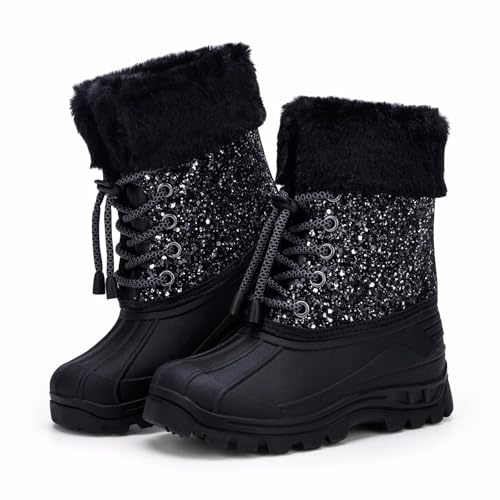EUXTERPA Kids Winter Boots Girls Boys Warm Snow Boots Children Outdoor Waterproof Boots，Black 8 Size
