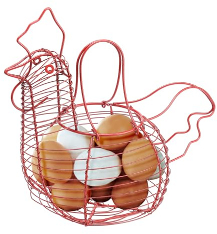 Hühnerförmiger Draht-Eierkorb – 24 Eier Aufbewahrung, Rustikaler Metall Obst- & Gemüseorganizer, Farmhouse Küchendeko, 33x20x25 cm (Rot)