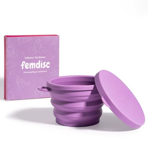 femdisc Sterilisator für Menstruationsscheiben, Periodenscheiben | Periodenpflege | Effektive Reinigung | Auslaufsicher | Faltbar mit Deckel und zwei Griffen | Passt für alle Größen