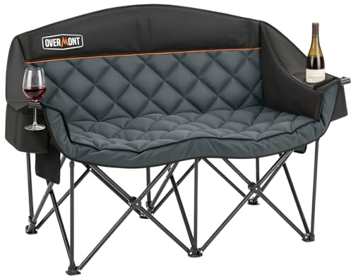 Overmont Loveseat Dubbel campingstol – 2 personer XL överdimensionerad vadderad soffstol för vuxna – kraftiga gräsmattsstolar med kylväska och vinställ – stöd 385 kg svart