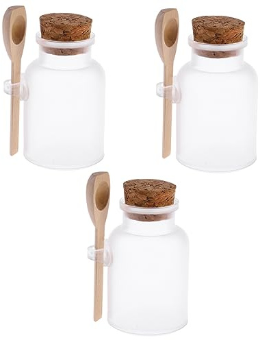 DEARMAMY 3stücke Salzbehälter Mit Deckel Abs-plastikflasche Zum Aufbewahren Von Salzen Mit Korken Und Holzlöffel Vorratsflasche Für Gewürze Und Kosmetikartikel Weiß