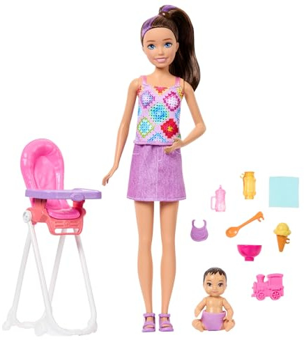 Barbie Skipper Babysitters, Inc. Playset with Brunette Doll, Brunette Toddler Doll, High Chair & 8 Accessories Including Food