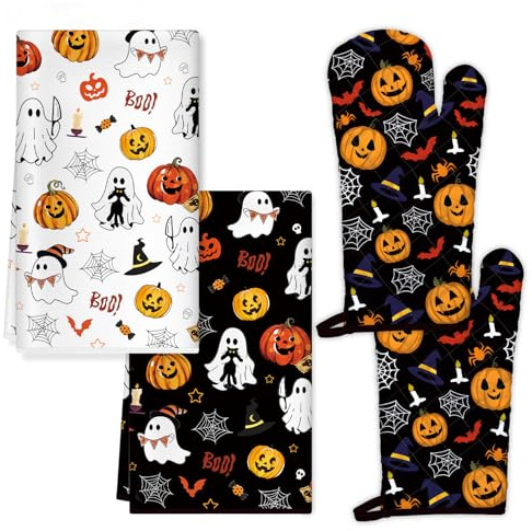 Arquiel Halloween Ofenhandschuh und Topflappen 4er-Set Baumwolle | Baumwoll-Küchenset mit Halloween-Motiv, hitzebeständig und praktisch zum Kochen, Backen und Grillen.