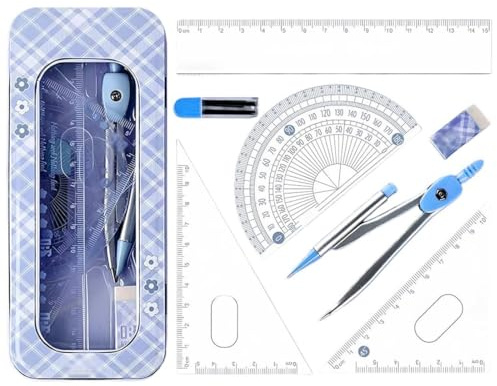 WUSJCOF Geometrie-Set mit Zirkel und Geodreieck für Grundschule und weiterführende Schule, Komplettset mit Lineal, Winkelmesser und Zubehör für Schüler (blau)