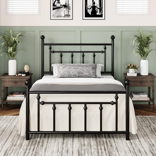 Allewie 14'' Twin Size Metal Platform Bed Frame, Vintage Headboard, Black | 45'' Tall Victorian Headboard/Footboard/Mattress Foundation/Under Bed Storage/No Box Spring Needed/Easy Assembly/Noise Free