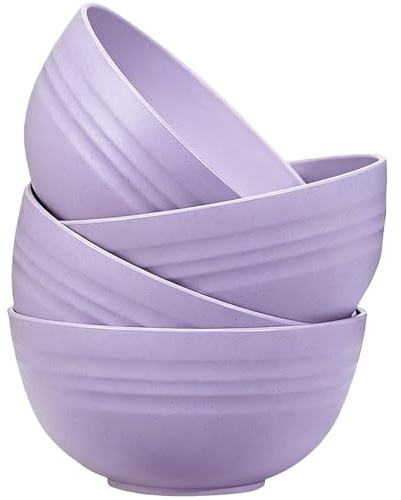 Unbreakable Cereal Bowls Set of 4, 24 oz Lightweight Plastic Salad Bowls | Dishwasher & Microwave Safe, Reusable Serving Bowl for Rice Noodle Soup Snack Salad Fruit, BPA Free (Purple)