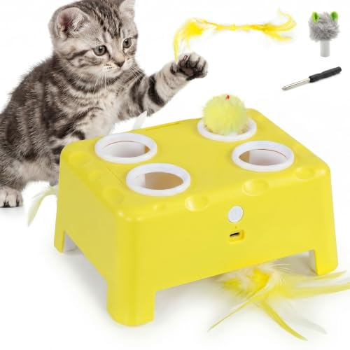 PawHut Jouet Interactif pour Chats d'Intérieur Rechargeable Type-C Jaune | Jouet pour Chat, avec Souris et Plume, 3 Modes Réglables, Repos Intelligent, pour Chaton et Chat Adulte, ABS
