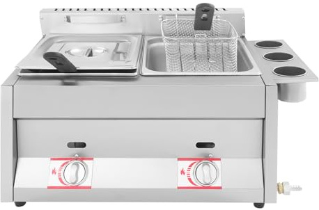 Friggitrice a gas a doppio vassoio, 2 x 6 l, in acciaio inox, con due cestini, regolazione della temperatura, rubinetto di scarico, portabicchieri, friggitrice commerciale, per snack, ristorante