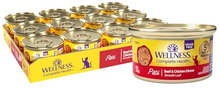Wellness Complete Health Pate Adult Canned Wet Cat Food, Natural, Protein Rich, Grain Free, Beef and Chicken Dinner Recipe, 3 oz, Pack of 24 Cans