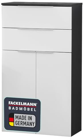 FACKELMANN Doppel-Midischrank KARA / Badschrank mit Soft-Close-System / Maße (B x H x T): ca. 61 x 107 x 32 cm / hochwertiger Schrank fürs Bad / Möbelstück mit Schubladen und Türen / Korpus: Anthrazit / Front: lackiertes Glas in Weiß