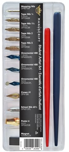 MANUSCRIPT Student Art Set - Calligraphy Beginners Set Containing 2x Dip Pen Holders & 11x Dip Pen Nibs (Poster, Tape, Ornamental, Crown, School & Mapping Styles)