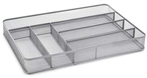 TQVAI Cutlery Drawer Organiser, Mesh Cutlery Tray 6 Compartments Kitchen Storage Silverware Holder, Silver