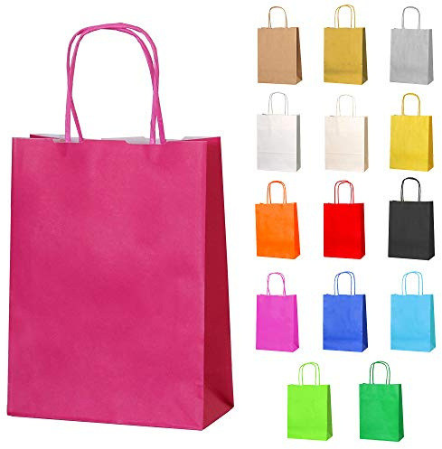 Thepaperbagstore 20 Fuchsia Kleine Papiertüten mit Henkel 18 x 22 x 8 cm | Farbige, recycelbare Kraftpapiertüten für Süßigkeiten, Geschenke, Hochzeiten, Partys & Events.