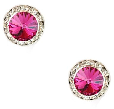 (23017A110) Silver Fuchsia Rhinestone 15mm Rondelle Circle Round Shape Stud Earrings