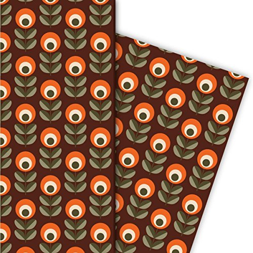 Schickes Retro Blumen Geschenkpapier im 70er Jahre Stil, orange braun, für liebe Geschenkverpackung, DIY Bastel Projekte (4 Bogen, 32 x 48cm)