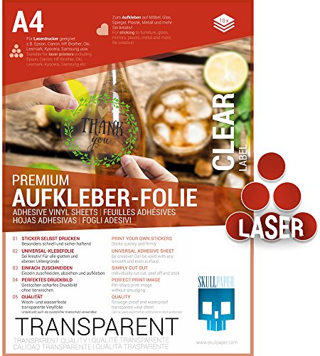 SKULLPAPER® Klebefolie transparent zum Aufkleben und selbst Gestalten - für Laserdrucker (A4-10 Blatt)