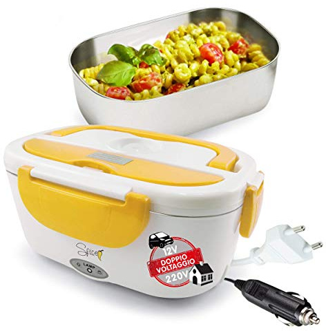 SPICE Fiambrera portátil de Doble Voltaje de 220 V-12 V con Bandeja extraíble de 1,5 L + Juego de 3 Cubiertos de Acero Inoxidable, Bianco, l