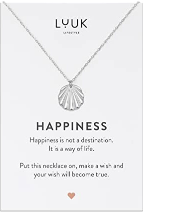 LUUK LIFESTYLE Collana elegante per donne e ragazza, con pendente conchiglia, in acciaio inossidabile e cartolina HAPPINESS, motivo marino e balneare, argento