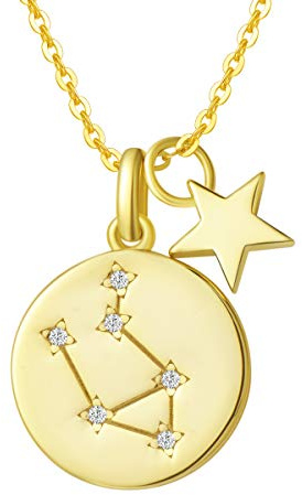 Sternzeichen Kette aus Solide 925 Sterling Silber mit Gold Vergoldet 15mm Durchmesser Anhänger Halskette Einfach Minimalistisch Geschenk Schmuck für Damen Mädchen - Verstellbar Kettenlänge: 40 + 5 cm