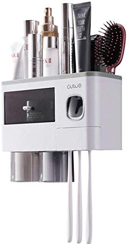 TuCao Dispensador automático de Pasta de Dientes de Pared, Soporte para Cepillo de Dientes para baño, 2 Vasos magnéticos, 6 Ranuras para cepillos de Dientes, 1 cajón Organizador (2 Tazas)