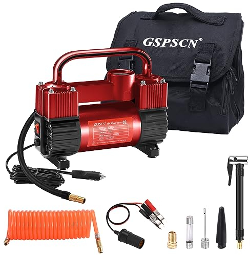 GSPSCN Rosso Compressore Aria Portatile ad Alta Resistenza a Doppio Cilindro, Gonfiatore Pneumatici in Metallo DC 12V, Pompa Elettrica da 150 PSI per Gonfiare Le auto, camion, SUV, Moto,palloni.