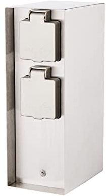Novatool Colonna per presa I 3 prese, sensore crepuscolare, argento spazzolato, acciaio inox, rettangolare, IP44, presa da giardino, per esterni, a torre di corrente