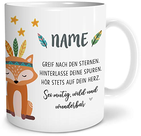OWLBOOK® Personalisierte Tasse für Kinder Personalisiert Boho Fuchs Kinder Tasse Geschenke Geschenkideen für Kinder Junge Mädchen zum Geburtstag Schulanfang Kindertasse Keramik 300 ml