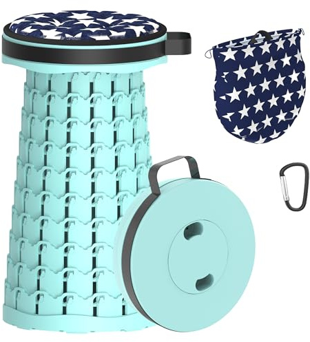 LOCYOP Tabouret Pliant Portable, Tabouret de Camping Amélioré Tabouret Télescopique avec Coussin et Sac à Main Tabouret Retractable pour Adultes Randonnée BBQ Maxi Charge 200 kg (Lac Vert)